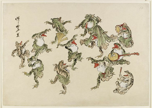 Frogs dressed in lotus leaves dancing to drum and samisen