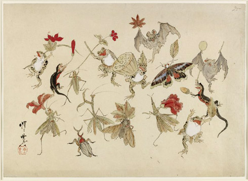 Animals and insects with autumn fruits and leaves